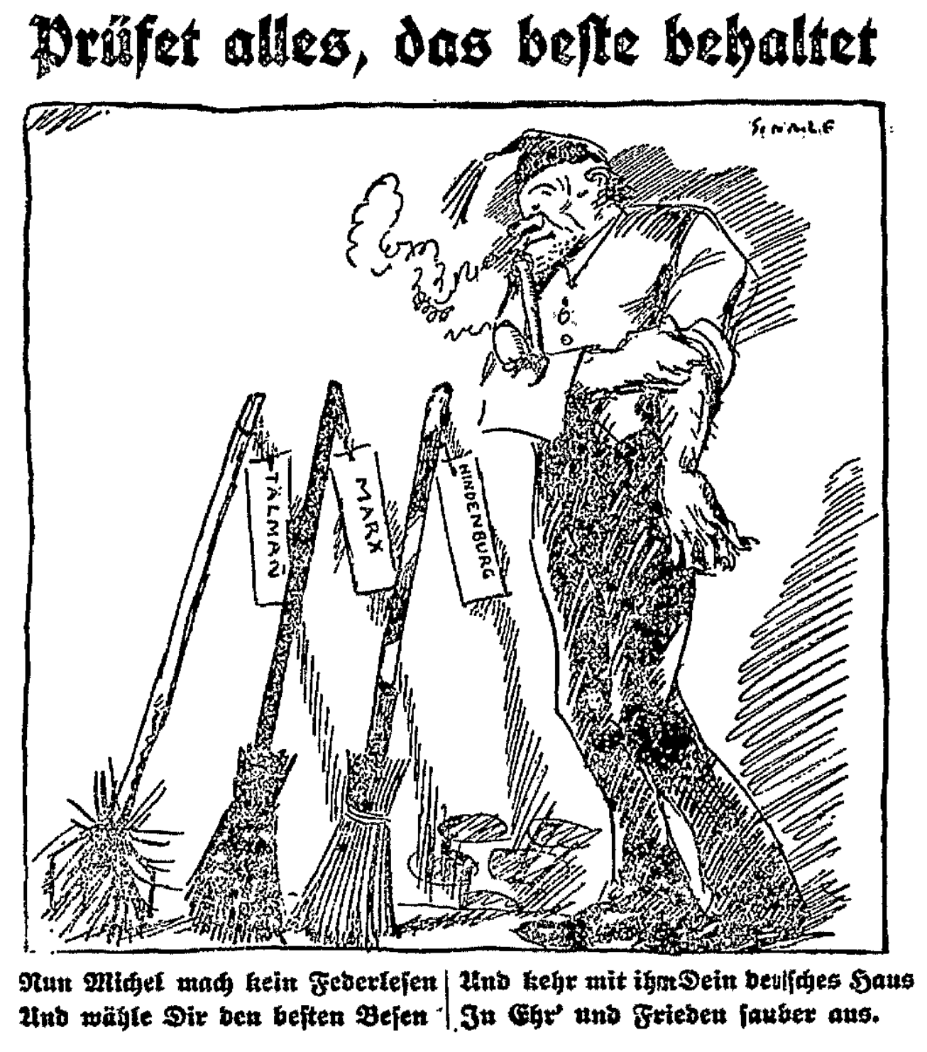 Schwarzweiß-Karikatur: Mann wählt zwischen drei beschrifteten Besen unter einer großen Frakturschrift.